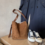 斤慕韩小众ins仿麂皮绒面复古棕色豹纹水桶包秋冬百搭单肩斜挎托特包 麂皮绒水桶包【棕色】