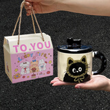 生日礼物女生可爱猫咪陶瓷马克杯带盖情侣水杯送闺蜜创意实用杯子 黄帽猫+可爱礼盒