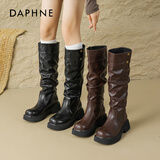 达芙妮厚底长筒靴女2025新款秋冬季加绒靴粗跟褶皱堆堆骑士靴显瘦裤管靴