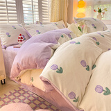 雅鹿加厚牛奶绒印花被套冬季珊瑚绒床单单人被套套件床上用品学生宿舍 郁金香-紫 180x220cm单被套