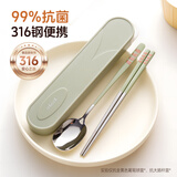 onlycook316不锈钢便携餐具学生一人专用勺子筷子套装成人餐具收纳盒-皮绿