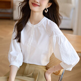 熙世界白色天丝衬衫女2025秋季新款独特别致绣花七分袖衬衣女装上衣 精致白 M