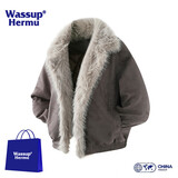 WASSUP HERMU官方棉服男秋冬季cleanfit重磅座山雕剪裁解构设计宽松大毛领外套 灰咖色 2XL （推荐150-180斤）