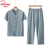 北极绒夏季中老年人纯棉汗衫睡衣套装男士爸爸短袖全棉宽松圆领对襟开衫 浅绿格 （短袖+长裤） 2XL （建议120-135斤）