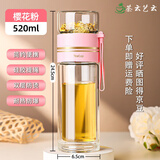 茶云艺云高硼硅双层玻璃杯耐高温茶水分离杯男士泡茶杯女士水杯玻璃保温杯 樱花粉520ml 简约时尚 双层加厚 耐热防爆