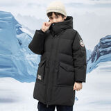 保姆贝贝儿童羽绒服中长款男款过膝2025冬季新款加厚中大童男童学生外套 黑色 140