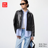 优衣库女装仿皮短茄克/外套休闲时尚翻领夹克480060 09 黑色 XL /165/92A