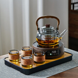 忆壶茶（YIHUTEA）泡茶壶玻璃煮茶壶家用电陶炉煮茶器养生壶 茶具套装玻璃烧水茶壶 1.1L黑色壶+木纹炉+4杯+茶盘