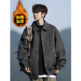 OEMG美式夹棉加厚皮衣外套男春秋冬季潮流牌大码宽松情侣工装夹克衣服 夹棉加厚黑色【高品质】 XL [建议110-125斤]