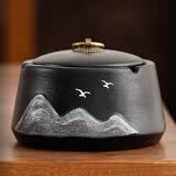 乐卡利  黑陶国风烟灰缸防飞灰带盖家用车载客厅茶桌卧室办公室个性烟缸