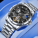 马克华菲（FAIRWHALE）手表男士机械表多功能全自动男表时尚瑞士品质防水夜光机械国表 星辰系列-银壳黑面钢带