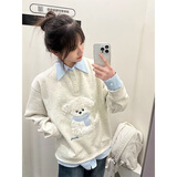 佐叙刺绣毛绒小狗假两件卫衣女2026春季学院风拼接衬衫polo领长袖上衣 花灰色 L （100-120斤）