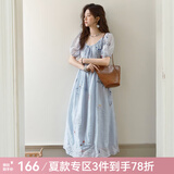 谜秀法式植物刺绣连衣裙2025夏季新款莱赛尔裙子气质系带短袖长裙女 蓝色 L