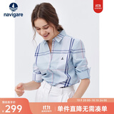 Navigare意大利小帆船女士长袖衬衫春秋季休闲格子衬衣莱赛尔高档寸衫 蔚蓝/白 XL