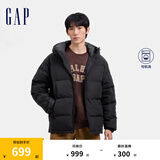 Gap男装徽章logo抽绳立领连帽羽绒服纯色外套677652 黑色 M (170/92A) 亚洲尺码
