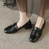 ZHR乐福鞋女一脚蹬真牛皮粗跟单鞋懒人鞋方头舒适英伦皮鞋女BL66黑36