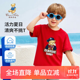 Classic Teddy儿童短袖男童T恤女童上衣夏季新款童装宝宝衣服半袖夏装1 棒球帽子熊织标短袖大红 130