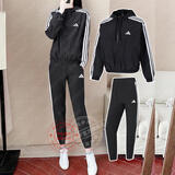 阿迪达斯 （adidas）秋季运动套装女 晨练夜跑健身训练防风衣连帽夹克外套休闲长裤 JZ2162+JI8313/黑色两件套 XL/170