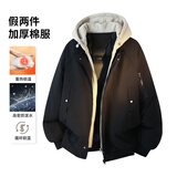VUUG冬季假两件连帽加厚棉服外套男加厚休闲潮牌美式宽松棉衣 黑色 XL