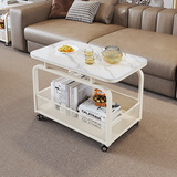 易吉佳奶油风客厅沙发边桌可移动边几岩板小茶几置物架小推车创意床头桌 奶白+雪山白岩板 长80宽40高55【加轮子高60】