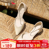 红蜻蜓尖头高跟鞋浅口一字带中空粗跟女鞋不累脚单鞋WFV23241 杏色 35