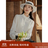 茵曼法式木耳边提花女装立领衬衫t恤显瘦泡泡袖衬衣上衣 米白色 XL