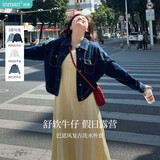 茵曼（INMAN）复古翻领宽松休闲牛仔短外套春秋季女百搭小个子上衣 深牛仔蓝 L