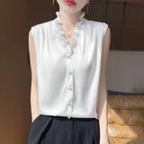 【爆款轻奢】法式花边领V领无袖背心木耳边无袖衬衫女气质上衣 白色 M （建议90-105斤）