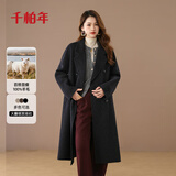 千柏年100%绵羊毛双面呢大衣女秋冬新款西装领双排扣长款系腰外套碳黑S