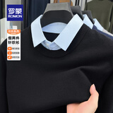 罗蒙加绒加厚假两件长袖针织衫男士冬季衬衫领打底衫中青年保暖毛衣男 黑色 【春秋款】 XL 175 （适合140-160斤）