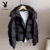 花花公子（PLAYBOY）羽袄绒服女短款2025新款小个子加厚羽袄绒服面包服外套宽松冬装 黑色 M 建议【105-125斤】