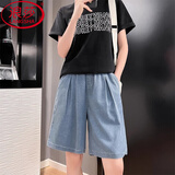 浪莎（LangSha）天丝牛仔短裤女夏季薄款高腰学生中裤休闲宽松显瘦冰丝阔腿五分裤 深复古 XL 【适合119-128斤】