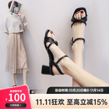 ZHR凉鞋女夏季新品仙女风粗跟一字带方头女鞋不规则交叉绊带高跟鞋子 黑色（纯色款） 37