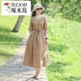 啄木鸟（TUCANO）夏季新款棉麻连衣裙文艺妹纯色大摆裙宽松V领亚麻中袖A字长裙气质 卡其色 M 【95-120斤】