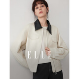 ELLE法式撞色翻领短款夹克式外套女2025冬季新款休闲通勤独特上衣 米白 M