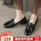 ZHR乐福鞋女一脚蹬真牛皮粗跟单鞋懒人鞋方头舒适英伦皮鞋女BL66黑36