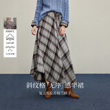 茵曼【斜格纹】纯棉不规则半身裙2026秋女装新款高腰A字裙 灰咖色 XL