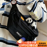 回力斜挎包男国潮ins原宿运动大容量胸包潮牌复古百搭工装女学生腰包 经典黑色【附徽章4枚+熊猫挂件】