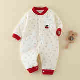 婧麒（JOYNCLEON）婴儿保暖连体衣秋冬款夹棉初生宝宝衣服0-12月冬季印花哈衣服 红色樱桃 80cm