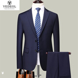 VEDEOL三四件套可选 西装男士西服套装休闲修身外套商务正装新伴郎结婚 藏青2扣三件套外套+裤子+领带 XL-体重140-153合适