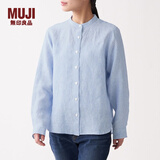 无印良品 MUJI 女式 亚麻水洗 立领衬衫 长袖 740158 BCB08A0S 烟熏蓝色X条纹 M