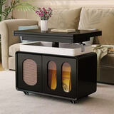 实木茶几可移动升降折叠茶几客厅家用角几新款小户型推车沙发边几 黑色+白 可移动升级折叠茶几边几 【现货速发】