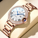 卡地亚瑞士名牌手表男女篮气球系列自动机械表防水超薄镶钻时尚男女腕表 蓝气球-玫瑰金镶钻女款钢带 40mm