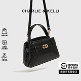CHARLIE&KELLI CK品牌轻奢包包女包鳄鱼纹凯莉包女款手提斜挎包情人节生日礼物 黑色【代写贺卡 赠品牌礼袋】