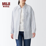 无印良品 MUJI 女式 亚麻 水洗宽版衬衫长袖休闲百搭衬衫衬衣BCJ22C2S 藏青色条纹 XS-S