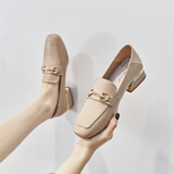 ZHR单鞋女英伦风舒适方头乐福鞋女两穿粗跟透气皮鞋女 K196 杏色 38