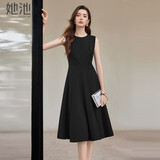 她池优雅气质小黑裙女2025秋装新款圆领中长款显瘦连衣裙