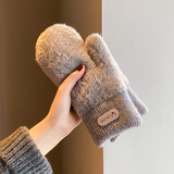 雪伦朵保暖手套女冬季仿兔毛绒防寒防风防冻全指手套学生加绒加厚连指 灰色-双层加绒