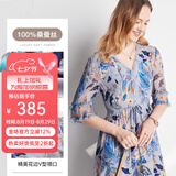 帕罗（PALUOPO）夏季真丝连衣裙100%桑蚕丝女装高端v领小碎花轻奢小个子气质穿搭 蓝色 L (165/88A)