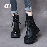 AI头层牛皮短靴女2025冬季新款厚底增高马丁靴加绒棉鞋真皮中筒靴子 黑色【单里款】ZZM21169 39